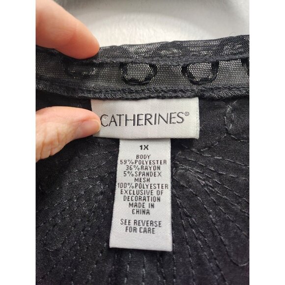 Catherines Womens Black Embroidered Tunic Top Size 1X Mesh Contrast Layered - Picture 4 of 11